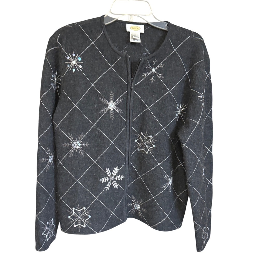 Talbots Cardigan Womens Large Grey Wool Vintage Zip Snowflake Embroidered Winter